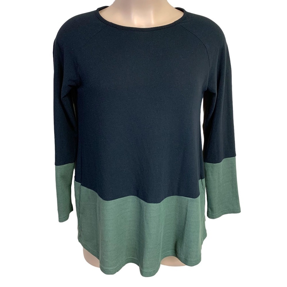 Large Black Green Colorblock Knit Long Sleeve Sweater Tickled Teal 12 14 Stretch